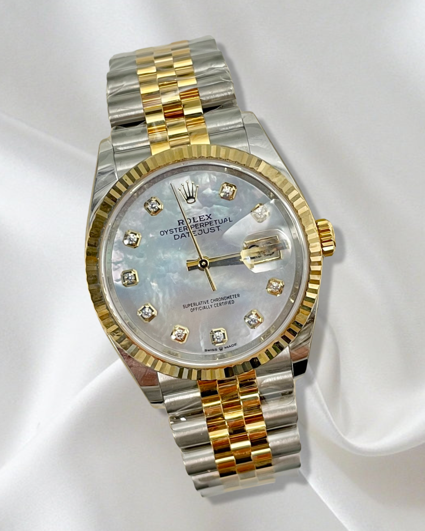 rolex date just 36mm mother of pearl dial with diamonds